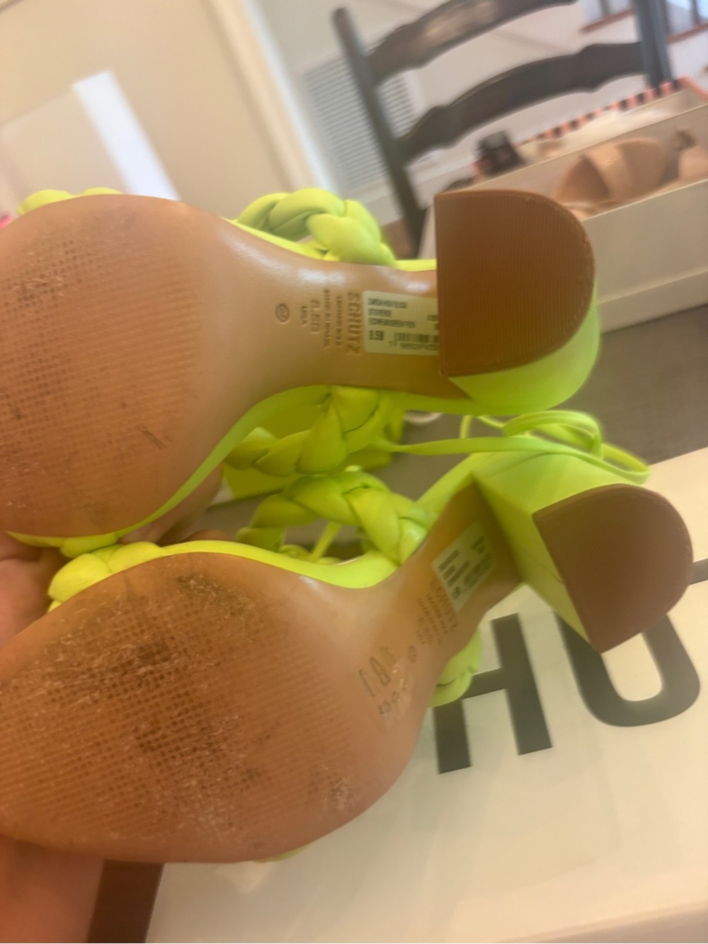 SCHUTZ Braided Strappy High-Heel Sandals in Neon Lime - Picture 3 of 4
